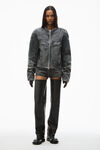 Alexander Wang black crackle grey clear crystal hotfix moto jacket in crackle grey wash denim