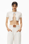 alexander wang jacquard short sleeve logo cardigan in stretch knit soft white