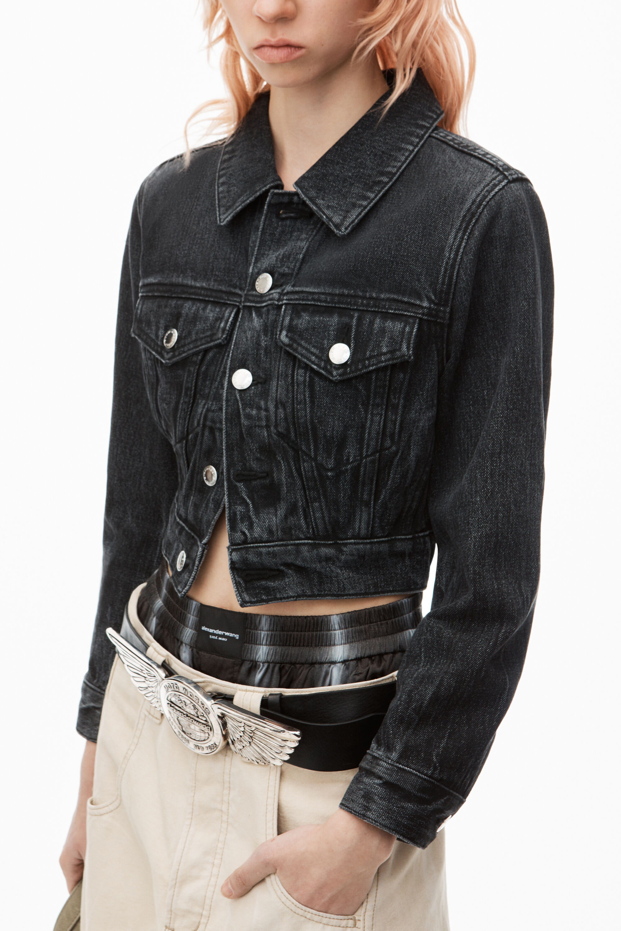 SHRUNKEN TRUCKER JACKET IN COMFORT STRETCH DENIM in GREY AGED