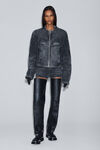 Alexander Wang black crackle grey clear crystal hotfix moto jacket in crackle grey wash denim