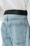 leather belted jean in denim with logo patch