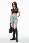 crochet cut out High Rise Shorty in Recycled Denim