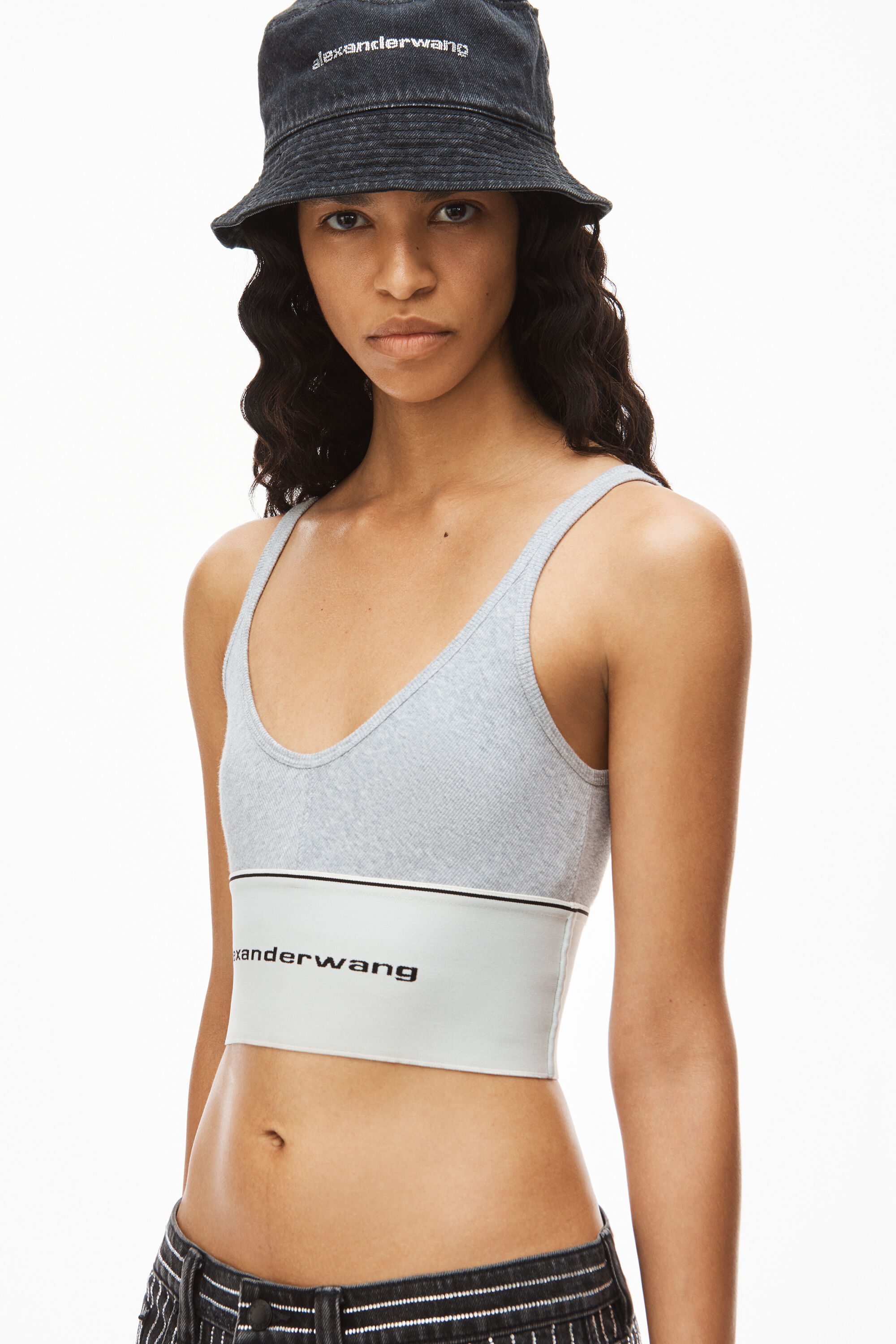 Alexander Wang Logo Elastic Bra In Ribbed Jersey In Grey